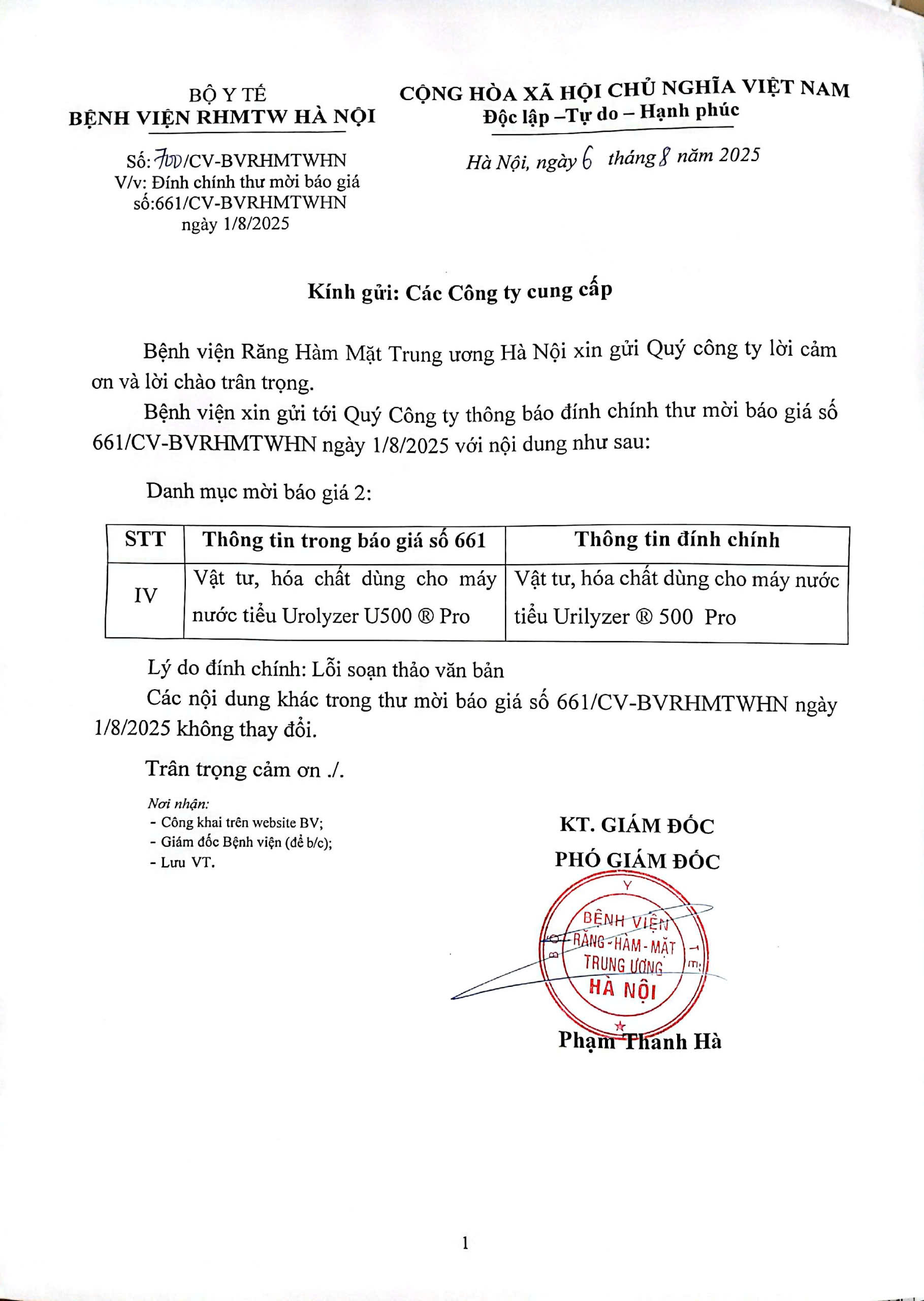 ĐÍNH CHÍNH THƯ MỜI BÁO GIÁ SỐ 661/CV-BVRHMTWHN NGÀY 1.8.2025